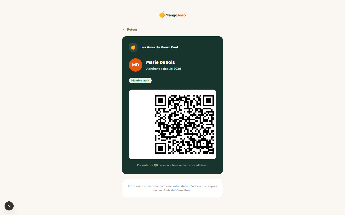 Carte de membre numérique avec QR code dans MangoAsso