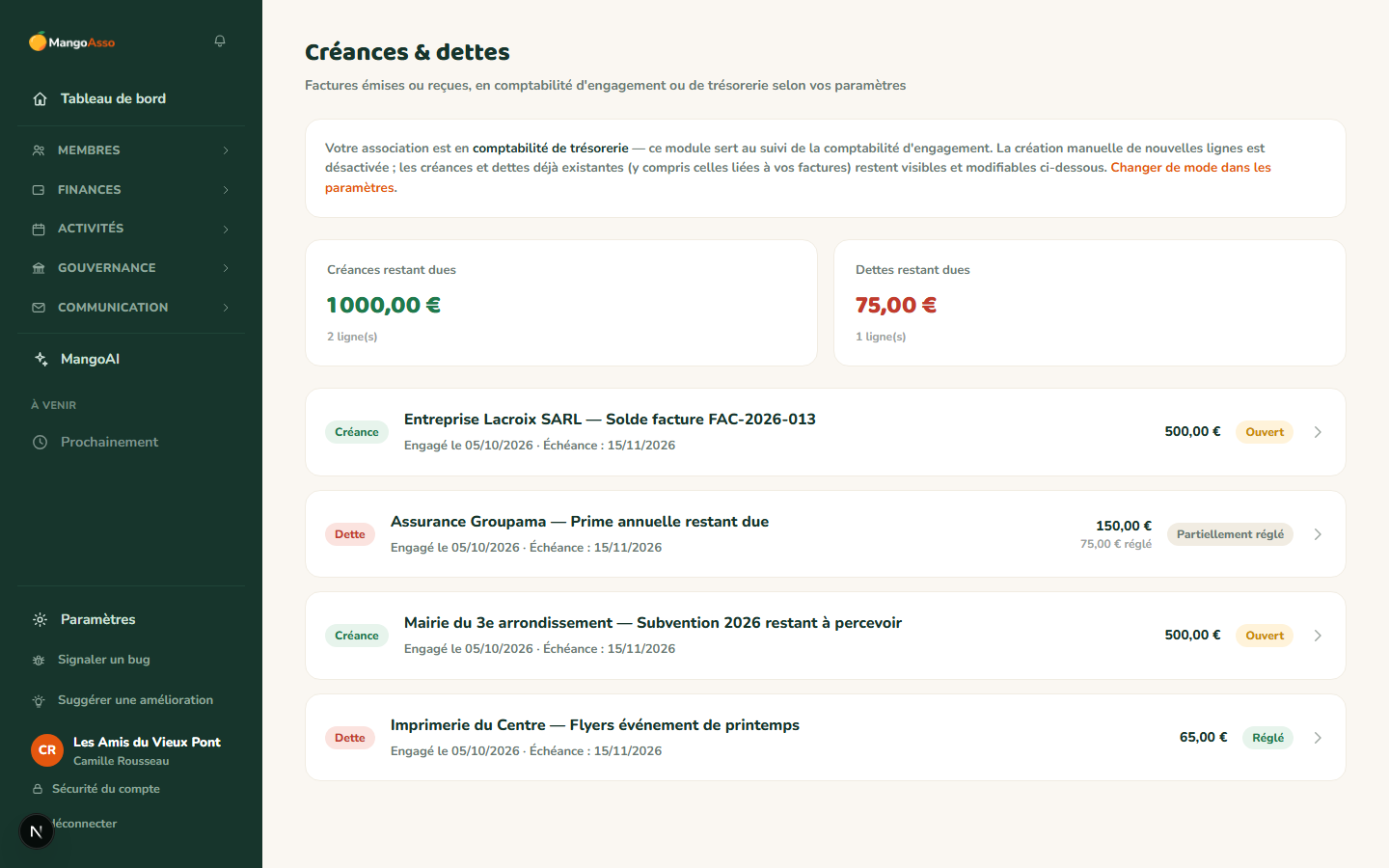 Liste des créances et dettes dans MangoAsso, avec montants restant dus et statuts