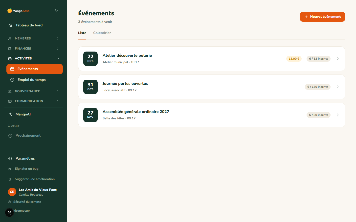 Gestion d'un événement dans MangoAsso