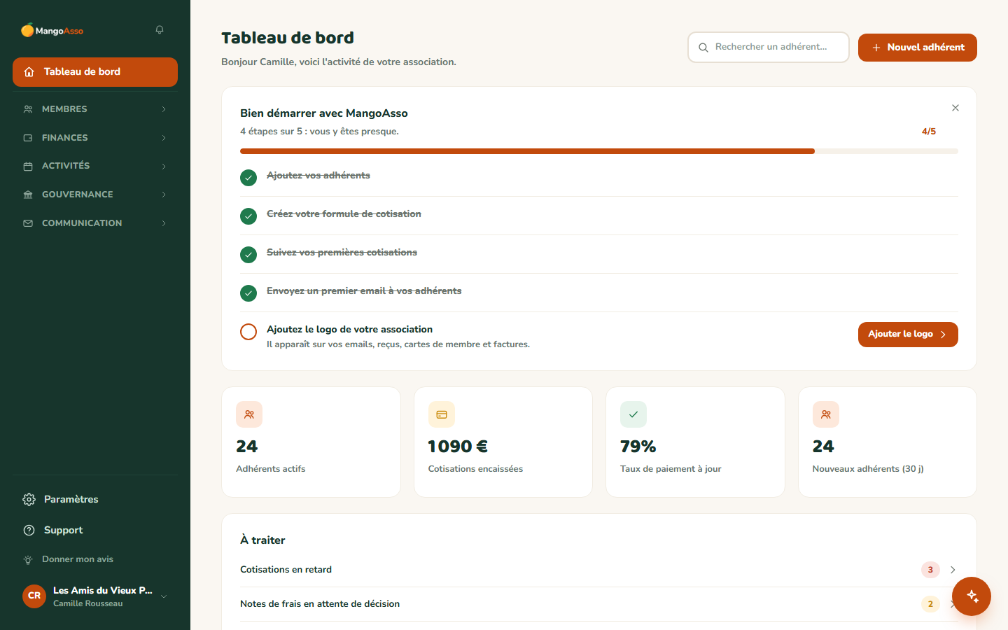 Le tableau de bord de MangoAsso : adhérents, cotisations et activité en un coup d'œil